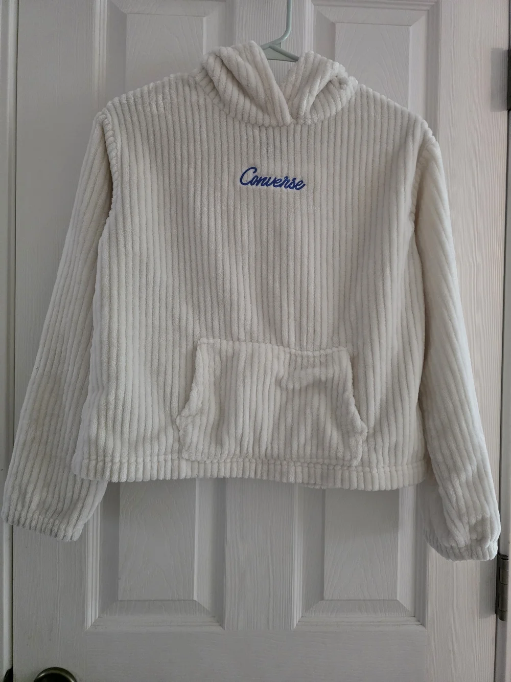 Converse Kids Cream Ribbed Plush Hooded Pullover with Blue Script Logo